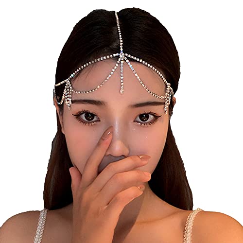 NAISKA Silver Rhinestone Layered Head Chain Jewelry for Women Long Tassel Crystal Rhinestones Cap Headpiece Bridal Wedding Party Belly Dance Rhinestone Flapper Headwear Accessories for Women and Teen