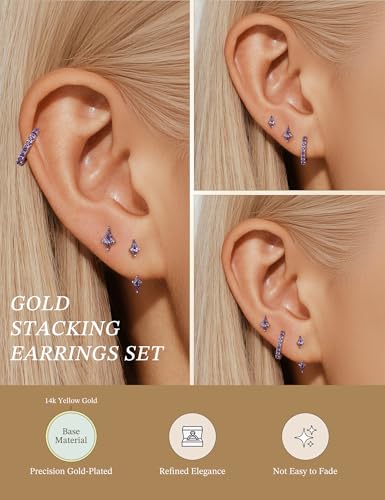 3 Pairs Stackable Kite Stud Earrings Set for Women Trendy | Dainty Birthstone Stud Gold & 925 Sterling Silver Huggie Hoop Jacket Stack Earrings for Women 2026 - color: Silver-Purple Amethyst