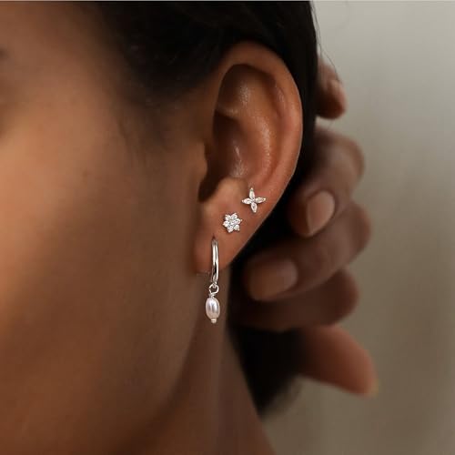 Sterling Silver Earrings Stacks for Women, Hypoallergenic Cartilage Earring | Dainty Stud Huggie Hoop Dangle Chain Earrings, 14K Gold/White Gold Plated - color: 3Pairs-Pearl Flower Set-Silver