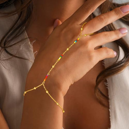 Hand Chain Bracelets for Women - 14K Real Gold Plated Dainty Stackable Paperclip Link Bracelets Hand Chain Bracelet Ring Gold Bracelets for Women Trendy - color: Colorful Beaded Hand Chain