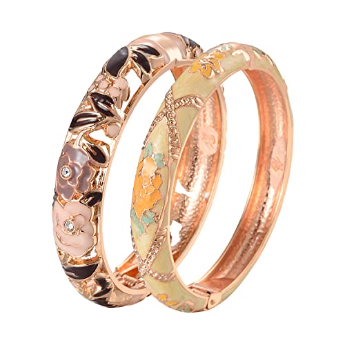 UJOY Cloisonne Bangle Colorful Enamel Filigree Rose Flower Hollowed Crystal Bracelet for Women Gifts 88A09 - color: A10-2 Pcs Set/Rose-Black and Yellow