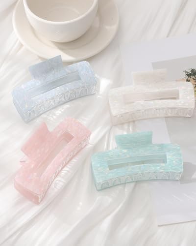 4PCS Large Claw Clips for Thick Hair, Large Acrylic Hair Clips | Modern Marble Geometric Design, Non-Slip Secure Hold for Long Hair, Buns, Updos and Everyday Styling - color: White + Pink + Blue + Cyan