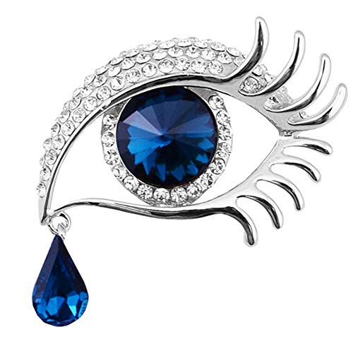 Angel Tears Brooch Pins, Elegant Rhinestone Sapphire Big Eyes Alloy Long Eyelashes Corsage Breastpin for Women Jewelry - color: Silver＋Blue