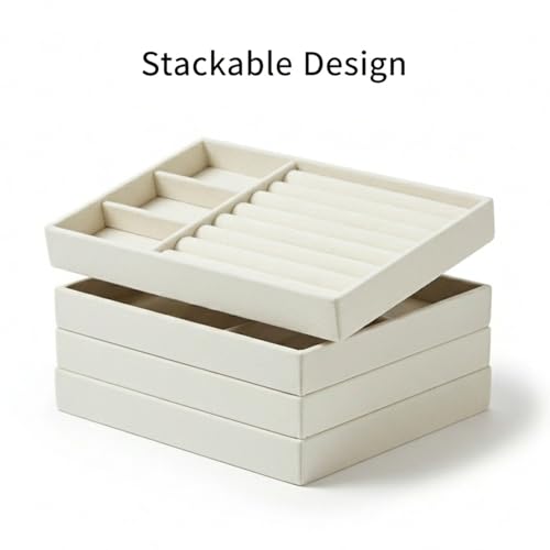 16 Pack Velvet Jewelry Trays for Drawers, Stackable Jewelry Organizer Trays with Dividers, 8.3 x 5 in Drawer Inserts for Rings Necklaces Earrings Bracelets, Beige