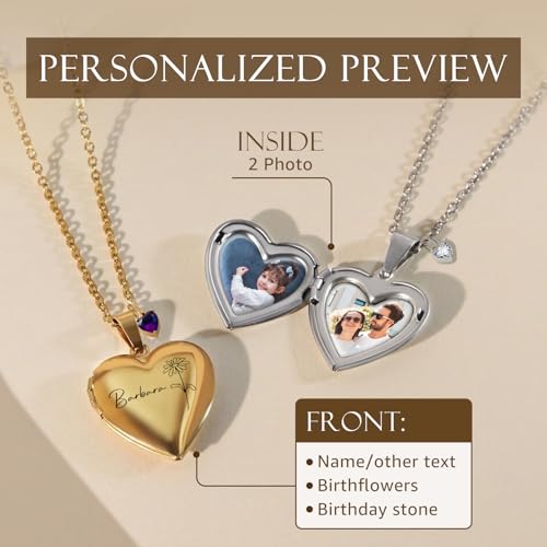 Personalized Heart Locket Necklace Customize Photo 925 Sterling Silver Picture Locket Necklace for Women Girls kids Engraved Birth Flower and Text Birthday Christmas Gifts for Women Girls Kids - color: Silver