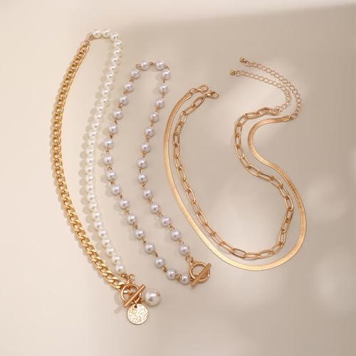 Gold Layered Paperclip OT Buckle Pearl Necklaces for Women Dainty, Vintage MultiLayer Coin Pearls Pendant Snake Chain Choker Necklaces Trendy Jewelry Gift