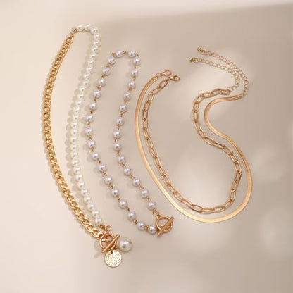 Gold Layered Paperclip OT Buckle Pearl Necklaces for Women Dainty, Vintage MultiLayer Coin Pearls Pendant Snake Chain Choker Necklaces Trendy Jewelry Gift
