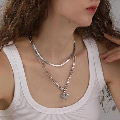 Bheop Chunky Cross Necklace for Women, 14K Gold Silver Statement Necklace | Sturdy Paperclip Chain, Hammered Pendant, Vintage Charm, Trendy Costume Jewelry, Faith Christian Religious Gift, Non Tarnish - style: SL-2PCS/0.8 inch Cross+Herringbone Necklace