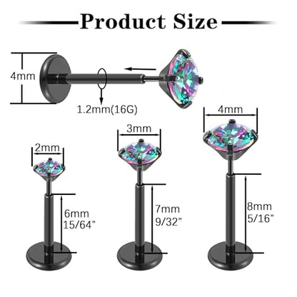 Gotumo 20G Flat Back Earrings Stud G23 Titanium Threadless Tragus Labret Cartilage Lip Medusa Conch Body Piercing Jewelry Hypoallergenic for Women Men - color: Black 16G Bar-6/7/8mm&CZ-2/3/4mm