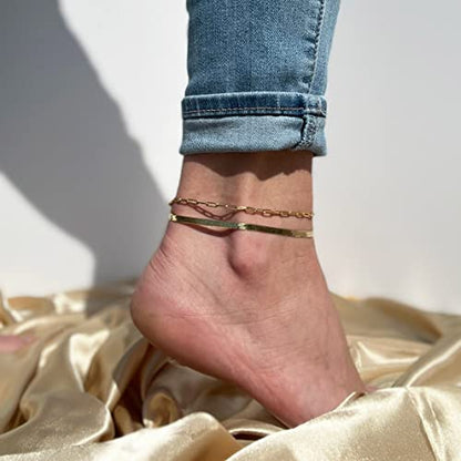 DEARMAY Gold Anklets for Women Waterproof | Non Tarnish14K Gold Plated Ankle Bracelets Set Stack, Summer Beach Jewelry Gifts for Vacation - color: Gold Anklet-T