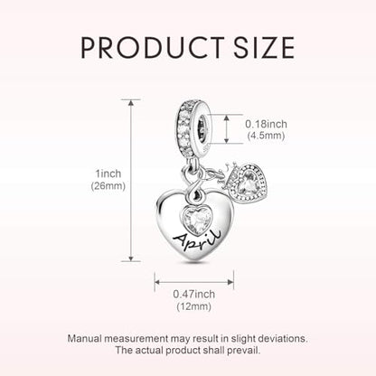 BLUELUNE Birthstone Charms, 925 Sterling Silver Dangle Charm with 5A Cubic Zirconia for Bracelets or Necklaces, Birthday, Mother's Day Present for Women - color: April