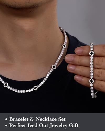 LuxeFlex 4mm Iced Out Four Leaf Tennis Chain,White Gold Plated with 5A Zircon Stones, exquisite Handmade Hip Hop Bling Necklace Perfect Unisex Jewelry Gift - color: White Gold, size: 16 INCH
