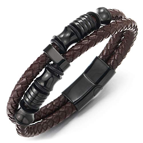 COOLSTEELANDBEYOND Mens Double-Row Braided Leather Bracelet Bangle Wristband with Black Stainless Steel Ornaments - color: C-Brown