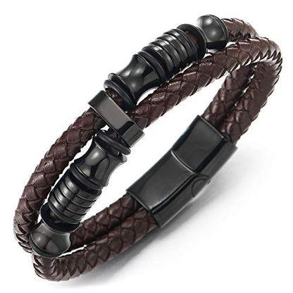 COOLSTEELANDBEYOND Mens Double-Row Braided Leather Bracelet Bangle Wristband with Black Stainless Steel Ornaments - color: C-Brown