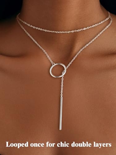 FOCALOOK Long Necklaces for Women, 14K Gold Plated Lariat Drop Bar Pendant | Hypoallergenic, 28"-30" Long Y-Shaped Chain, Layered Look, Minimalist Trendy Jewelry, Pairs Perfectly with V-Necklines - color: 01:Silver