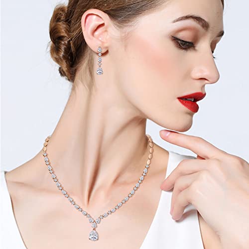 EVER FAITH Pear Shaped Cubic Zirconia Bridal Wedding Jewelry Set for Women | Gorgeous Water Drop Bride Necklace Dangle Earrings, for Bride Bridesmaid - color: Clear Rose Gold-Plated-Brass