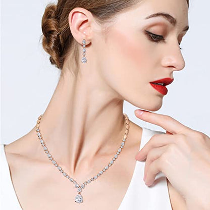 EVER FAITH Pear Shaped Cubic Zirconia Bridal Wedding Jewelry Set for Women | Gorgeous Water Drop Bride Necklace Dangle Earrings, for Bride Bridesmaid - color: Clear Rose Gold-Plated-Brass