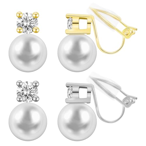 White Pearl Clip On Earrings for Women, 14K Gold Pearl Earrings 925 Silver Pearl Earrings, 10mm White Pearl Non Pierced Hypoallergenic Trendy Wedding Jewelry - color: Gold & Silver