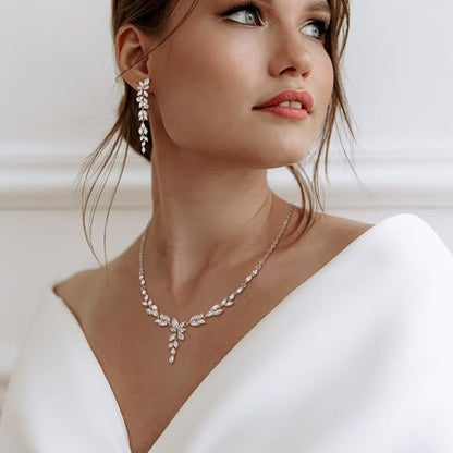 Crysdue Wedding Jewelry Set for Brides Bridesmaid, Cubic Zirconia Teardrop Marquise Leaf Cluster Pendant Necklace Bridal Tennis Bracelet Drop Earrings for Women Party Prom - style: C- Marquise CZ-silver