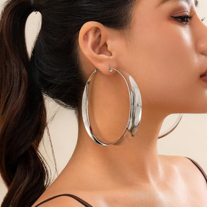 Big Gold Chunky Hoops Earrings for Women Trendy Large Wide Post Thick Drop Dangle Earrings Minimalist Statement Earrings Party Jewelry Gift - color: Big-Silver