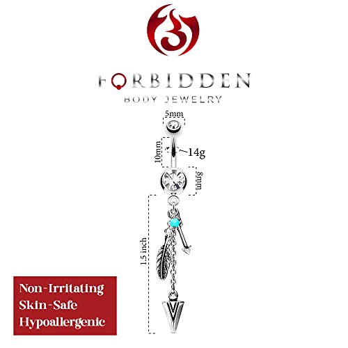 Forbidden Body Jewelry Surgical Steel Tribal Feather and Arrow Charms Synthetic Turquoise Dangle Belly Ring - color: Clear