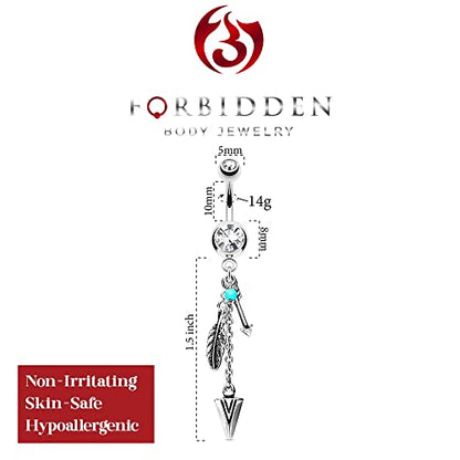 Forbidden Body Jewelry Surgical Steel Tribal Feather and Arrow Charms Synthetic Turquoise Dangle Belly Ring - color: Clear