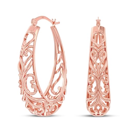 LeCalla 925 Sterling Silver Chunky Hoop Earrings | Filigree Heart Hoop Earrings for Women | Oval & Round Mesh Filigree Click-Top Hoops Earring | Hypoallergenic Earrings for Women - color: Rose Gold Oval Heart Filigree 28MM