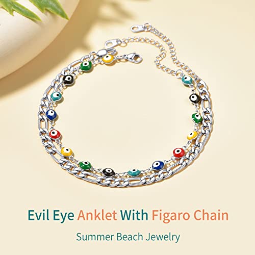 Supcare Evil Eye Anklets for Women,Cuban/Figaro/Mariner/Snake Chain Layered Ankle Bracelet Gifts (with Gift Packing) - color: 02-layered curb steel