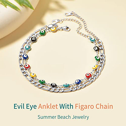 Supcare Evil Eye Anklets for Women,Cuban/Figaro/Mariner/Snake Chain Layered Ankle Bracelet Gifts (with Gift Packing) - color: 02-layered curb steel