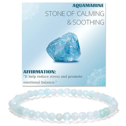 Natural Faceted Crystal Bracelet for Women,4mm Gemstone Round Beads Bracelets Adjustable Stretchy Healing Crystal Beads Bracelets Dainty Jewelry Gift - color: Aquamarine