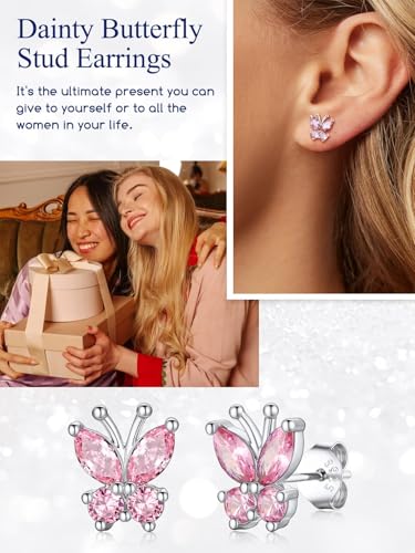 Suplight Butterfly Stud Earrings 925 Sterling Silver 14K Gold Brithstone Earrings for Women Brithstone Jewelry Gifts - color: 10.October ( Pink Tourmaline), size: Silver