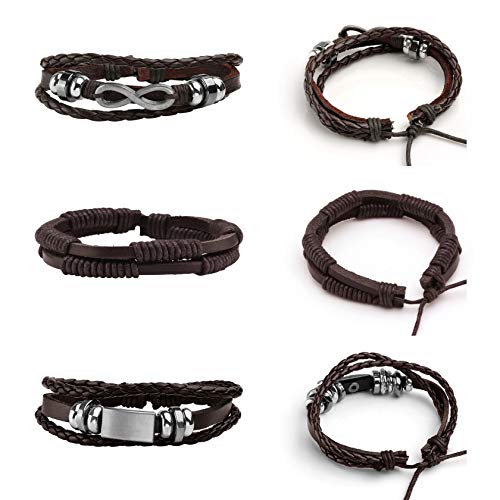 5 Pcs Braided Leather Bracelets for Men Women Woven Cuff Bracelet Adjustable - color: Brown