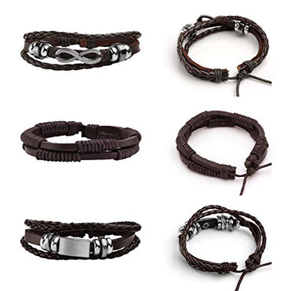 5 Pcs Braided Leather Bracelets for Men Women Woven Cuff Bracelet Adjustable - color: Brown