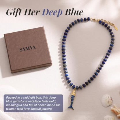 SAMYA Gemstone Beaded Necklace for Women, Natural Stone Ocean Jewelry | Fish or Seashell Pendant Beach Necklace, Gold Spacer Accents, Reinforced Stainless Steel Clasp, Adjustable 16"+2" - color: Lapis Lazuli