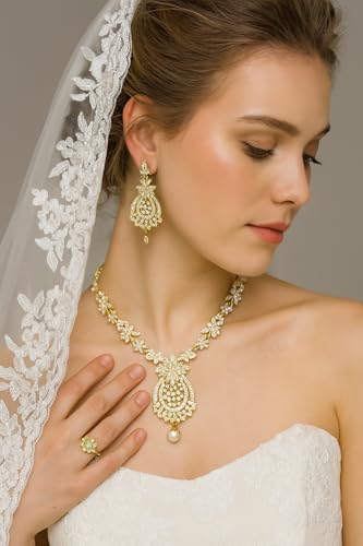 Touchstone Indian jewelry sets for women maang tikka wedding guest gold necklace bollywood jewellery set pageant elegant prom bride accessories western crystal chunky rhinestone necklaces - color: 5 White in gold plating pearl drop
