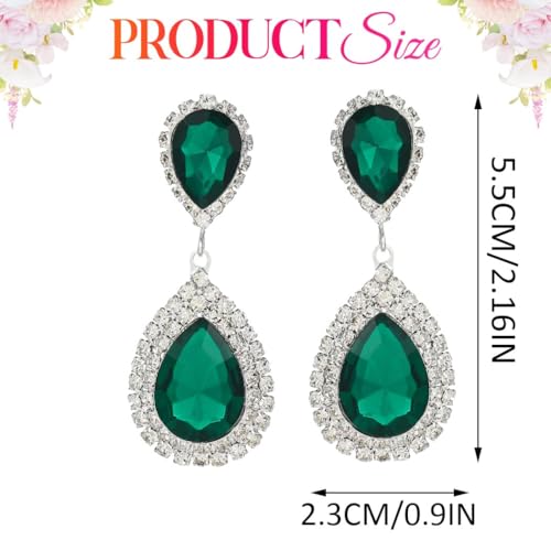 Catery Crystal Wedding Earrings Silver Rhinestone Ear Rings Teardrop Bridal Ear Jewelry for Brides and Women - color: Green