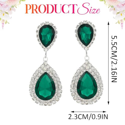 Catery Crystal Wedding Earrings Silver Rhinestone Ear Rings Teardrop Bridal Ear Jewelry for Brides and Women - color: Green