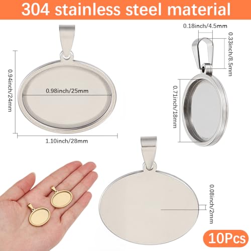1 Box 10Pcs Oval Bezel Charm Stainless Steel Cabochon Settings Silver 25 x 18mm Metal Cameo Memorial Photo Pendant Blanks Cabochons Base Tray for Jewelry Making DIY Resin Craft Accessories - style: silver flattened round
