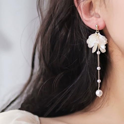 Seashell Pearl Stud Earrings for Women Ocean Sea Theme Sweet Double Layer Acrylic Shell Lightweight Dangle Drop Earrings for Summer Beach Holiday Halloween Party Jewelry Accessories - color: Pearl chain earrings