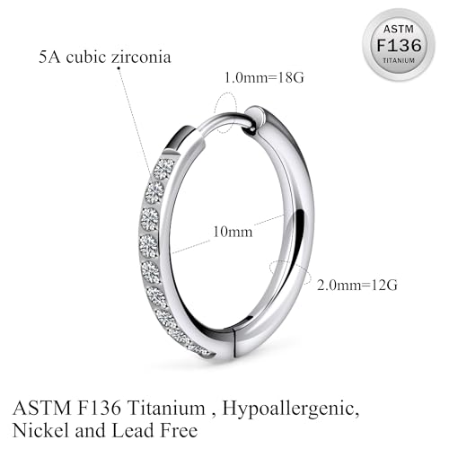 ASTM F136 Titanium Hoop Earrings for Women Small Huggie Hoop Earrings Hypoallergenic Helix Conch Cartilage Hoops Cubic Zirconia Cuff Earring Piercing Jewelry For Women Sensitive Ears 20G 18G - size: 18G - Inner Dia.:10mm