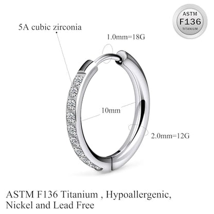 ASTM F136 Titanium Hoop Earrings for Women Small Huggie Hoop Earrings Hypoallergenic Helix Conch Cartilage Hoops Cubic Zirconia Cuff Earring Piercing Jewelry For Women Sensitive Ears 20G 18G - size: 18G - Inner Dia.:10mm
