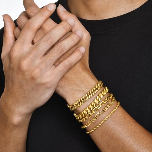 VNOX 5/7 Pcs Chain Bracelet for Men Women - Sturdy Stainless Steel Curb Width Cuban Link Chain Bracelet Set for Men Women,6.5/7/7.4/8.2/9 Inches - style: Gold Plated Link 1
