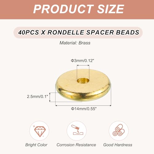 MECCANIXITY 40Pcs Rondelle Spacer Beads 14mm Diameter 3mm Hole Size 2.5mm Thick Metal Flat Disc Charm Circle for Bracelet Earring Necklace Jewelry Making, Gold - color: Gold, size: 14mm Dia x 3mm Hole Sizex 2.5mm Thick