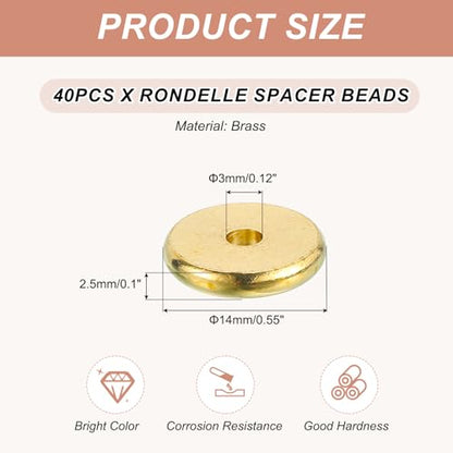 MECCANIXITY 40Pcs Rondelle Spacer Beads 14mm Diameter 3mm Hole Size 2.5mm Thick Metal Flat Disc Charm Circle for Bracelet Earring Necklace Jewelry Making, Gold - color: Gold, size: 14mm Dia x 3mm Hole Sizex 2.5mm Thick