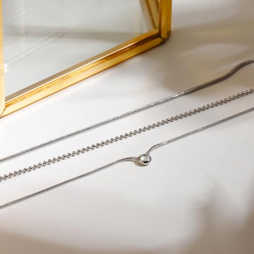 Women Stainless Steel Triple Strand Chain Necklace w Crystal Charm | Multi-Layered Dainty Style Three Layer Bead and Snake Chain Waterproof Non-Tarnish Trendy Jewelry Gifts - color: Gold