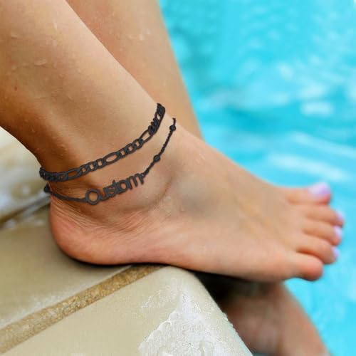 U7 Custom Layered Ankle Bracelets for Women Stainless Steel Bead/Cuban/Figaro/Rope/Wheat Chain Anklet Waterproof Anklet Jewelry for Beach Vacation - color: c-Black-Figaro Chain