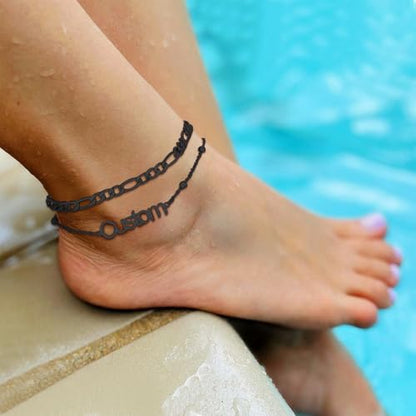 U7 Custom Layered Ankle Bracelets for Women Stainless Steel Bead/Cuban/Figaro/Rope/Wheat Chain Anklet Waterproof Anklet Jewelry for Beach Vacation - color: c-Black-Figaro Chain