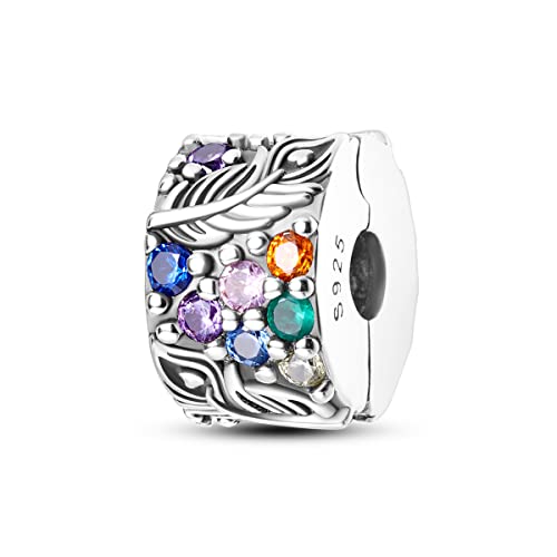 Parmuz Clip Spacer Charm for Bracelet 925 Sterling Silver Stopper Beads | Pave Lock Stopper Charm for Necklace Pink Daisy Butterfly Cubic Zirconia Openable Beads Jewelry Gift for Woman - color: Feather pave clip charm