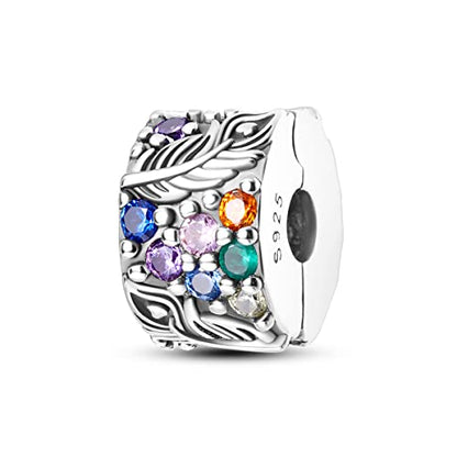 Parmuz Clip Spacer Charm for Bracelet 925 Sterling Silver Stopper Beads | Pave Lock Stopper Charm for Necklace Pink Daisy Butterfly Cubic Zirconia Openable Beads Jewelry Gift for Woman - color: Feather pave clip charm