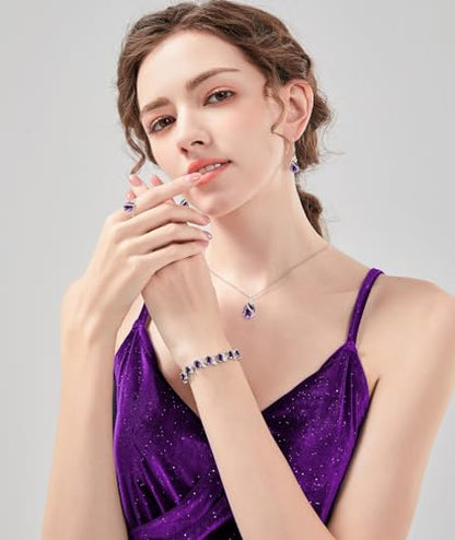 LMXXVJ Jewelry Set for Women,Teardrop Cubic Zirconia Necklace Earrings Adjustable Ring Bracelet Jewelry Set Formal Jewelry Gift - color: SYSD-White Gold-Purple